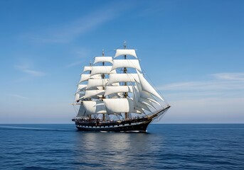 Majestic Tall Ship Sails Across Calm Blue Ocean Under Sky