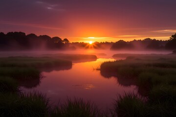 Serene Sunrise Over Misty Wetlands with Golden Hues