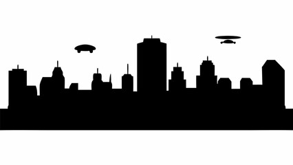 Fototapeta premium Silhouette of city skyline with various buildings and two ufo objects flying above the cityscape at night