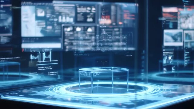 Holographic table display in a futuristic control room