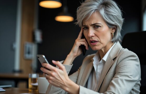 Woman with gray hair looking at her phone with a concerned expression in a modern indoor setting