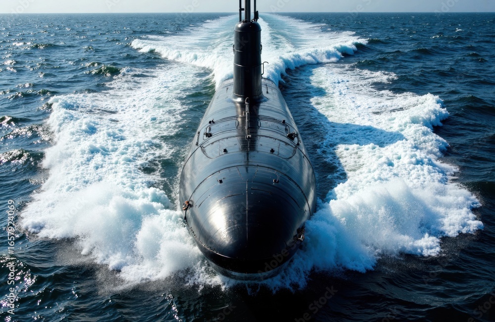 Poster a submarine moving swiftly through open ocean waters creating a wake behind it