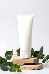 White cosmetic tube mockup on stone with eucalyptus leaves for skincare product advertising 94