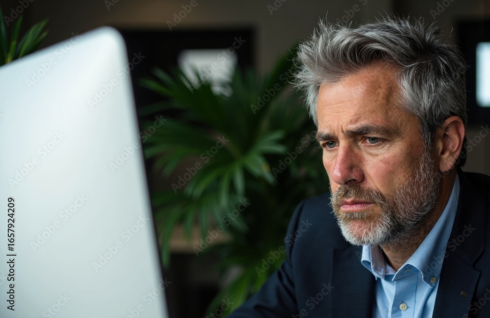 Aufkleber man working on computer in an office environment with a serious expression