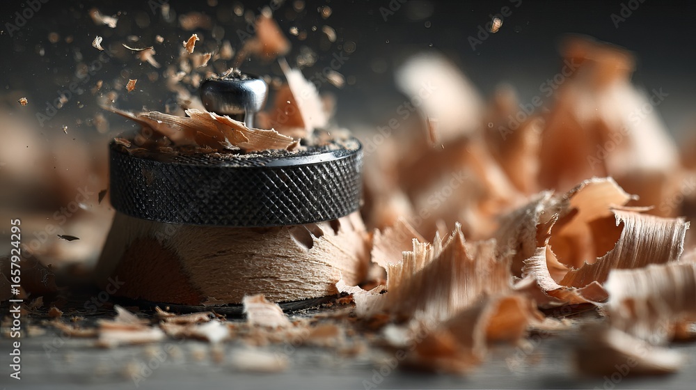 Poster dynamic close-up captures wood shavings flying as a sharp tool works the material