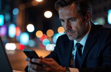 A businessman using a smartphone at night in an urban setting with colorful city lights in the background