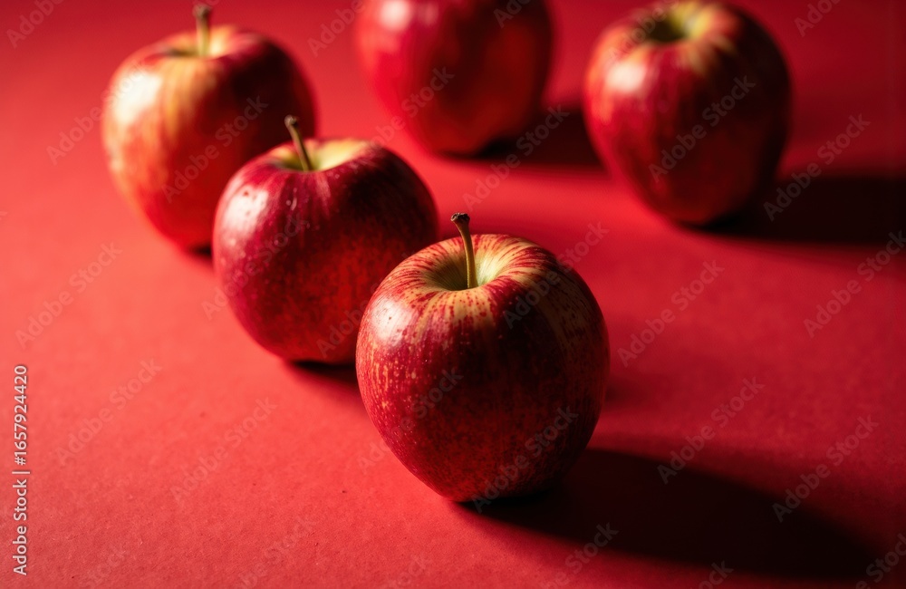 Aufkleber red apples arranged on a red surface with soft lighting creating shadows and depth