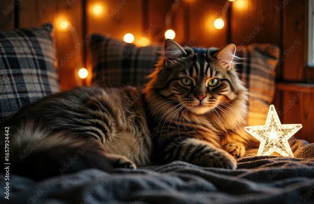 Poster a fluffy tabby cat relaxing on a cozy bed with warm string lights in the background