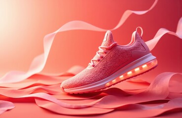 A modern pink athletic shoe with illuminated sole on a vibrant pink background