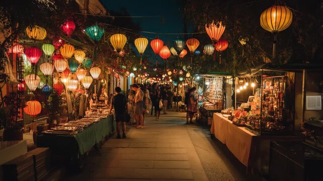 Vibrant Night Video of Hoi An Lantern Market with Traditional Vietnamese Lights and Festive Crowd