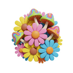 Retro groovy 3d flowers and mushrooms illustration