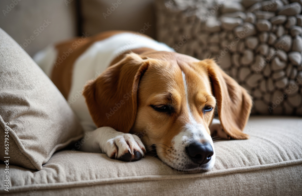 Poster dog resting on a sofa with a relaxed expression and cozy background