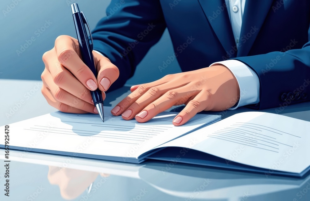 Poster a person in a business suit writes on an open document with a pen in a professional office setting