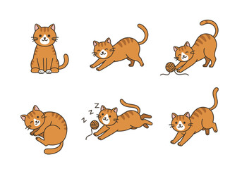 Fototapeta premium A collection of cute cartoon ginger tabby cat illustrations in various playful and sleeping poses.