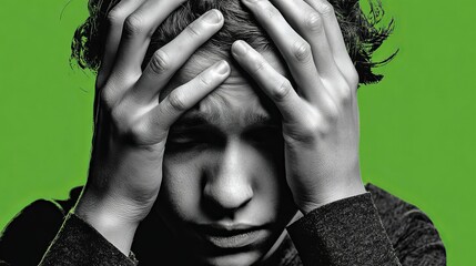 Young person overwhelmed with worry, hands gripping head in distress against vibrant green background