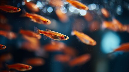 Close-up of colorful neon tetra fish swimming in an aquarium, showcasing their bright orange hues and serene aquatic environment.