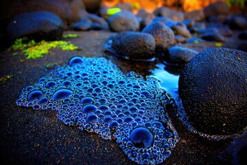 Fototapeta premium Close-up of dark stones, vibrant blue bubbles on wet sand