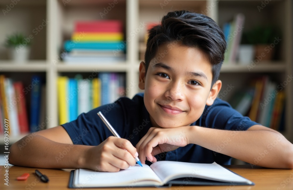 Poster a young boy smiling while writing in a notebook at a desk in a classroom or study environment