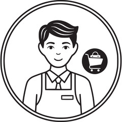 Illustration of a friendly salesman avatar isolated on white background, featuring a man in uniform with a shopping cart icon, perfect for retail and customer service themes