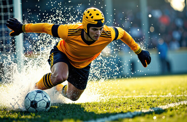 A goalkeeper in yellow uniform dives to save a soccer ball on the field during a match