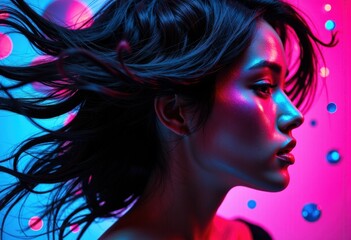 Fototapeta premium Woman with flowing hair illuminated by vibrant pink and blue lighting creating a dynamic and energetic atmosphere