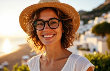 A woman smiling outdoors wearing a straw hat and glasses on a sunny day