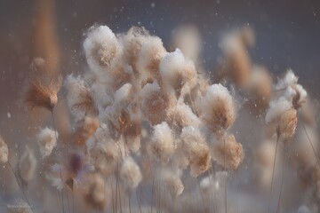 Fluffy, light brown seed heads, coated in snow, in soft focus