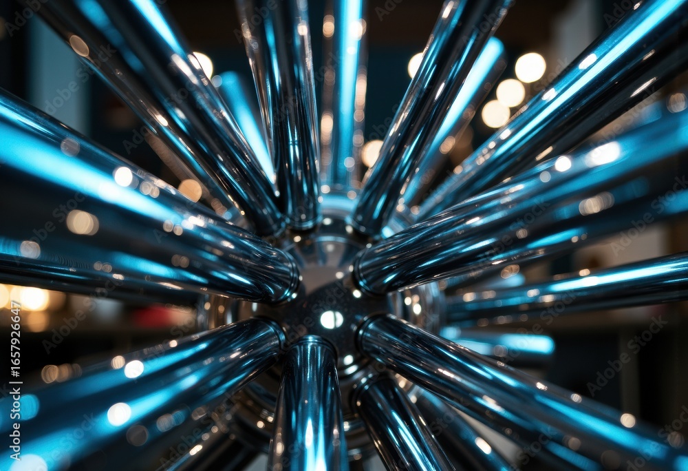Poster futuristic metallic rods radiate outward creating a dynamic abstract pattern with glowing blue highl