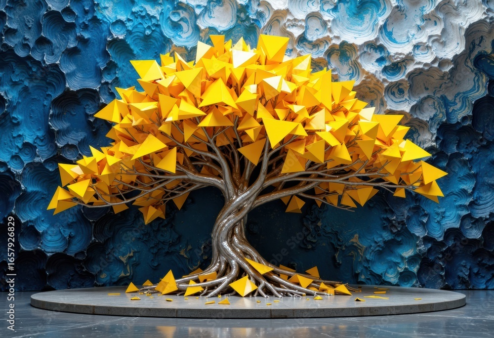 Poster artistic sculpture of a tree with yellow geometric leaves and a twisted trunk on a circular base