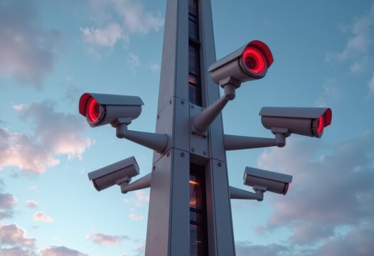 A modern surveillance tower with multiple security cameras and red lights