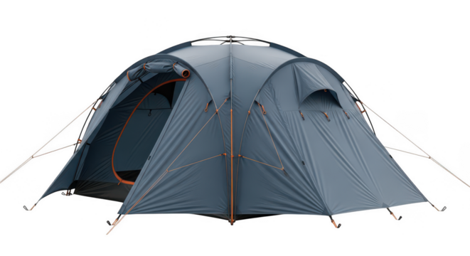 Modern blue camping tent with multiple entrances ready for outdoor adventures transparent background