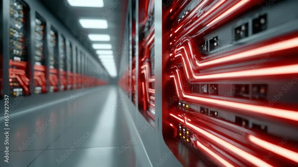 Poster data highway: a mesmerizing corridor of illuminated red pathways and servers, illustrating the essen