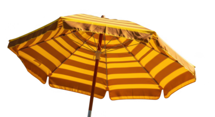 Brightly striped beach umbrella providing shade against a clear sky for outdoor relaxation transparent background