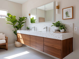Modern bathroom design with natural elements and stylish fixtures