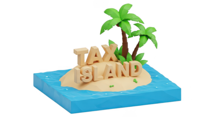 Creative tax haven island with palm trees and sandy beach symbolizing offshore finance and escape transparent background