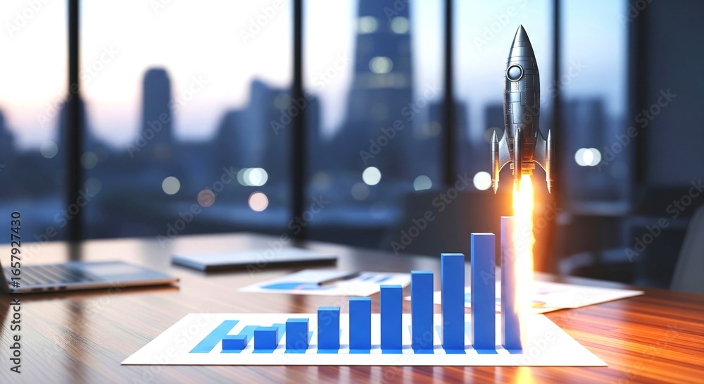 Poster dynamic rocket launch from a rising bar graph on a modern office desk symbolizing business growth an