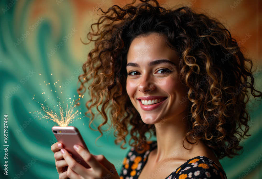 Aufkleber woman smiling while using a smartphone with sparkles emanating from it