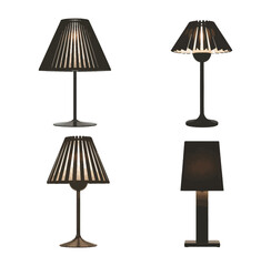 Vector art of a set of four different table lamps, showcasing modern and classic designs for home decor, interior lighting, and decorative elements in a minimalist style