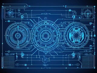 Futuristic blue digital interface with HUD elements and technical diagrams