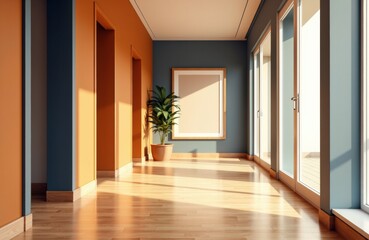 Obraz premium Bright, modern interior room with large windows and natural sunlight streaming in