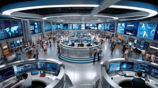 Command Center: A panoramic view of a cutting-edge command center, teeming with activity and technological interfaces. Personnel, engrossed in monitoring screens.