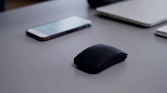 A gray desk with technology items. A smartphone, computer mouse, and laptop are visible