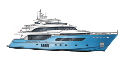 Luxurious mega yacht sailing on the ocean under a clear sky with multiple decks and modern design transparent background