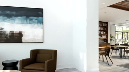 Modern, sophisticated communal area with a cozy coffee bar and a vast bookcase.