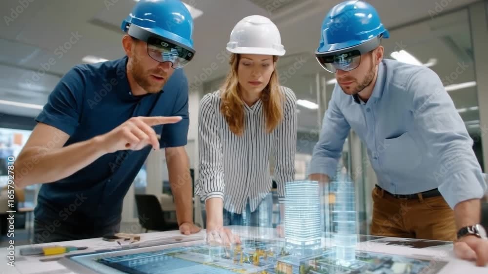 Poster engineers exploring hologram architecture: an eye-level shot captures three engineers deeply engaged