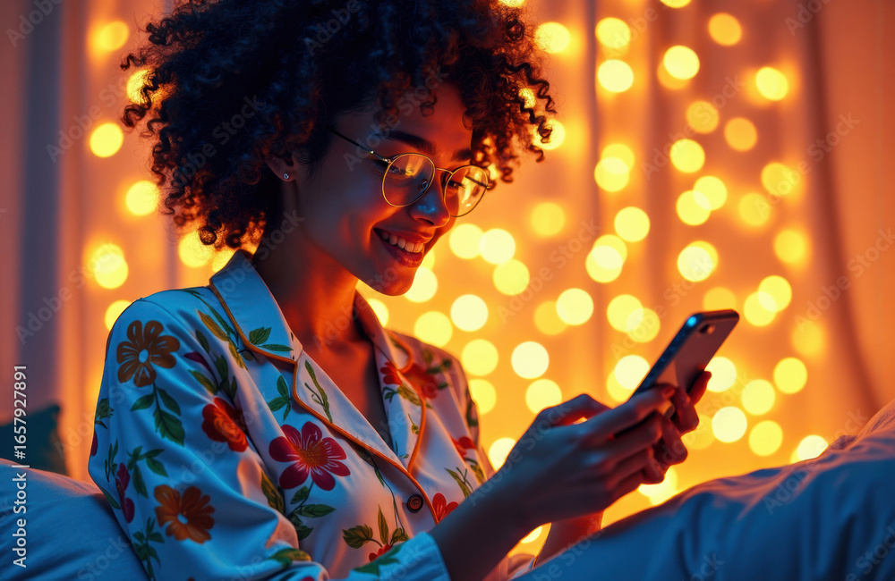 Poster woman using smartphone in cozy indoor setting with warm bokeh lights creating a relaxed atmosphere