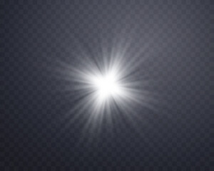 Fototapeta premium Silver sunlight lens flare, sun flash with rays and spotlight. Glowing burst explosion on a transparent background. Vector illustration.