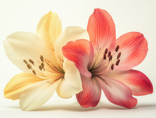 Obraz premium Two vibrant lilies, one soft yellow and other pink, are beautifully displayed against white background. delicate petals and intricate details of stamens create harmonious and elegant composition