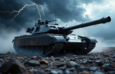 A military tank positioned on rocky terrain under a stormy sky with lightning strikes