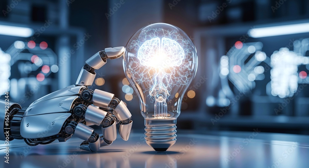 Aufkleber robotic hand touching glowing light bulb with brain symbolizing ai innovation and future technology